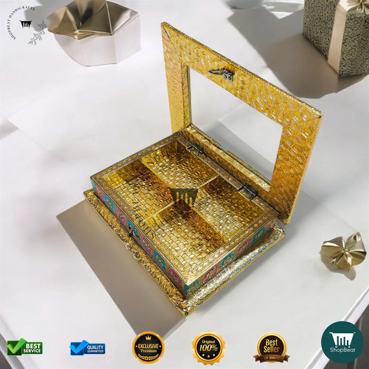 Golden Oxidised Dry Fruit Box – Meenakari Window Design (9x7 Inch)