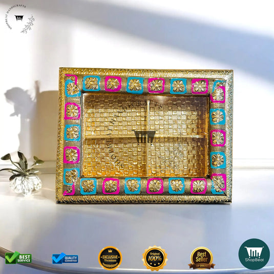 Golden Oxidised Dry Fruit Box – Meenakari Window Design (9x7 Inch)