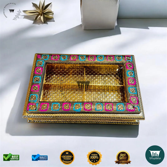 Golden Oxidised Dry Fruit Box – Meenakari Window Design (12x8 Inch)