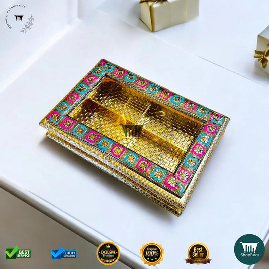 Golden Oxidised Dry Fruit Box – Meenakari Window Design (12x8 Inch)
