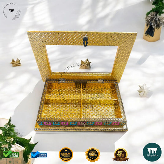 Golden Oxidised Dry Fruit Box – Meenakari Window Design (12x8 Inch)
