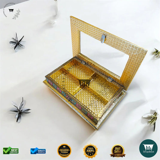Golden Oxidised Dry Fruit Box – Meenakari Window Design (12x8 Inch)