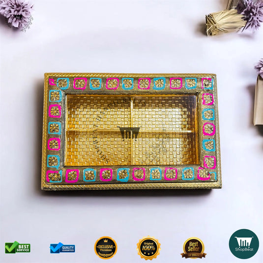 Golden Oxidised Dry Fruit Box – Meenakari Window Design (12x8 Inch)