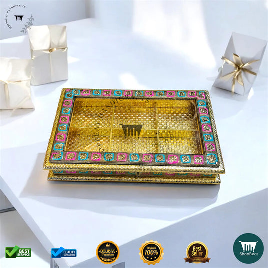 Golden Oxidised Dry Fruit Box – Meenakari Window Artwork (15x10 Inch)