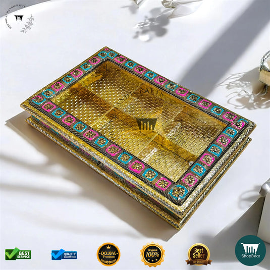 Golden Oxidised Dry Fruit Box – Meenakari Window Artwork (15x10 Inch)