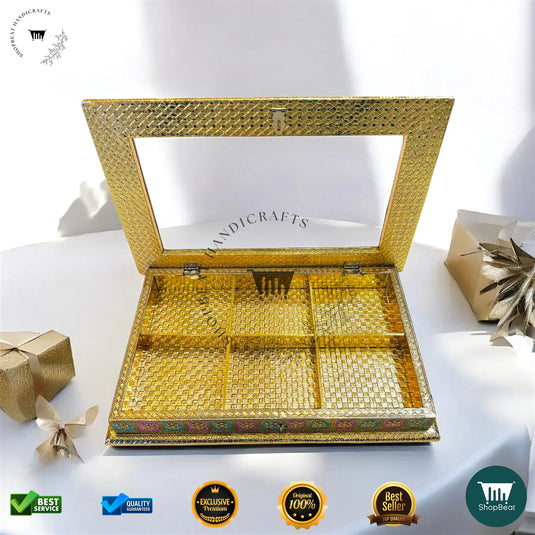 Golden Oxidised Dry Fruit Box – Meenakari Window Artwork (15x10 Inch)