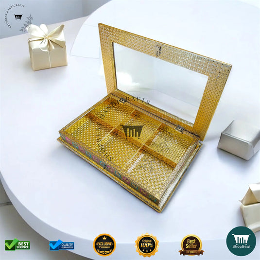 Golden Oxidised Dry Fruit Box – Meenakari Window Artwork (15x10 Inch)