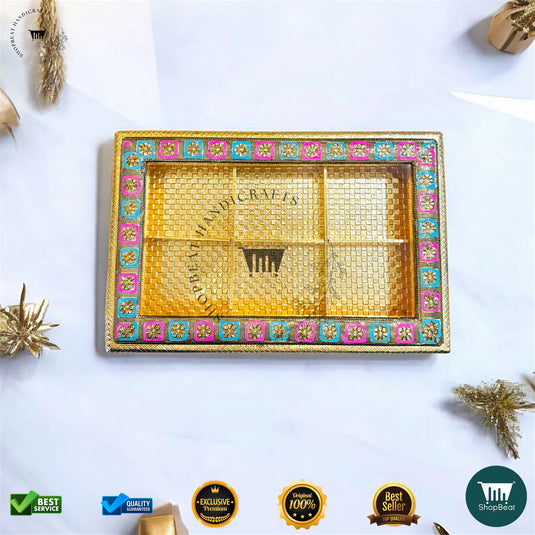 Golden Oxidised Dry Fruit Box – Meenakari Window Artwork (15x10 Inch)
