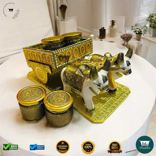Golden Oxidised Dry Fruit Box – Bullock Cart Design Gift Box