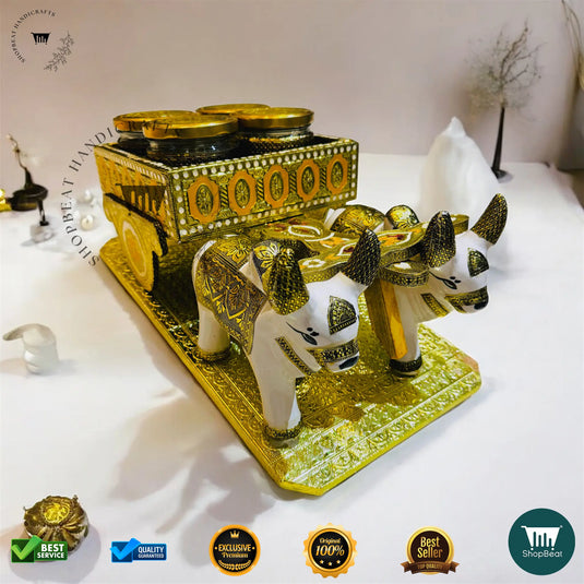 Golden Oxidised Dry Fruit Box – Bullock Cart Design Gift Box
