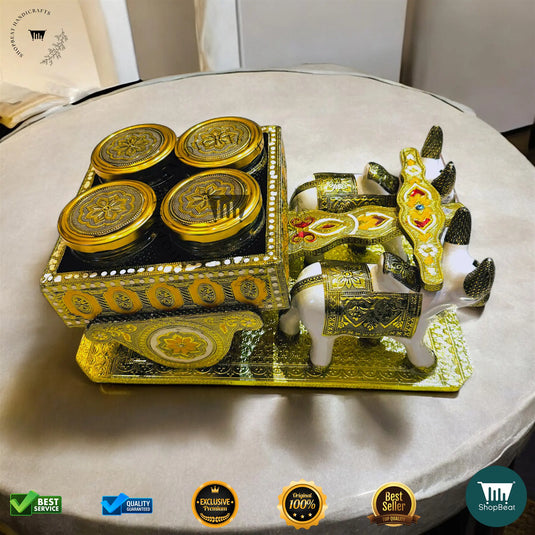Golden Oxidised Dry Fruit Box – Bullock Cart Design Gift Box