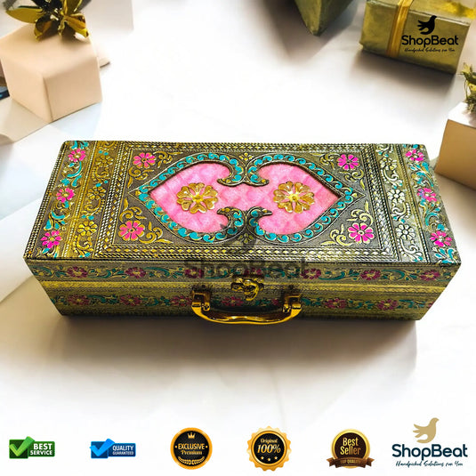 Golden Oxidised Dry Fruit Box – Pink Velvet with 3 Glass Jars