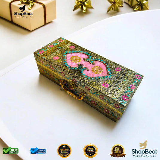 Golden Oxidised Dry Fruit Box – Pink Velvet with 3 Glass Jars