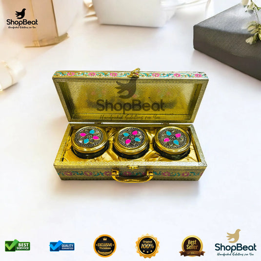 Golden Oxidised Dry Fruit Box – Pink Velvet with 3 Glass Jars