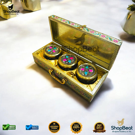 Golden Oxidised Dry Fruit Box – Pink Velvet with 3 Glass Jars