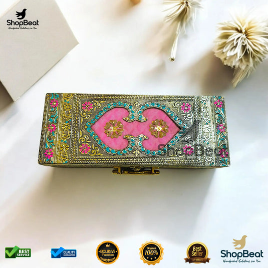 Golden Oxidised Dry Fruit Box – Pink Velvet with 3 Glass Jars