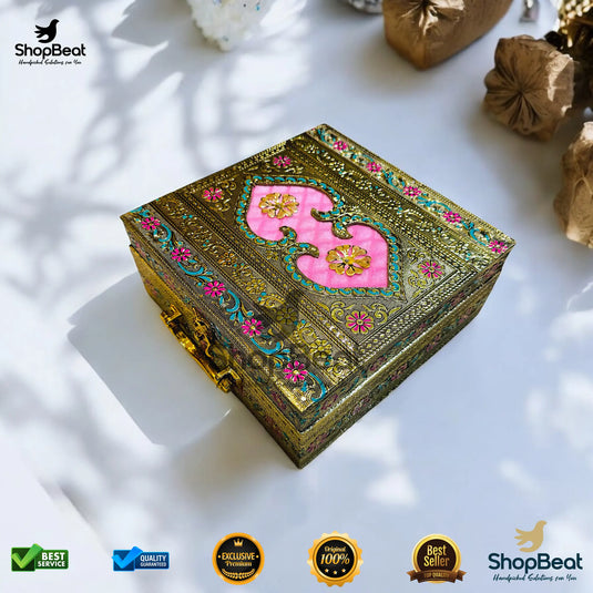 Golden Oxidised Dry Fruit Box – Pink Velvet with 4 Glass Jars