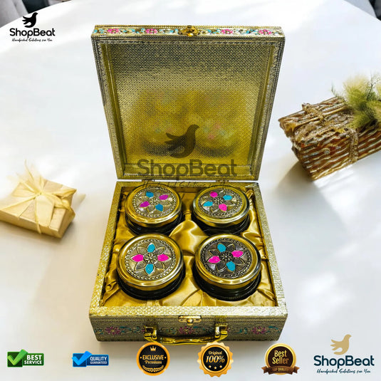Golden Oxidised Dry Fruit Box – Pink Velvet with 4 Glass Jars