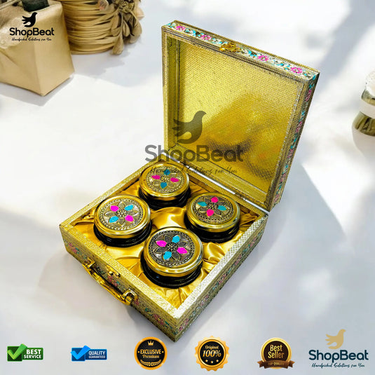 Golden Oxidised Dry Fruit Box – Pink Velvet with 4 Glass Jars
