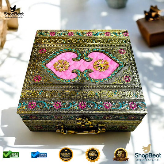 Golden Oxidised Dry Fruit Box – Pink Velvet with 4 Glass Jars