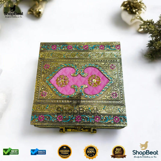 Golden Oxidised Dry Fruit Box – Pink Velvet with 4 Glass Jars