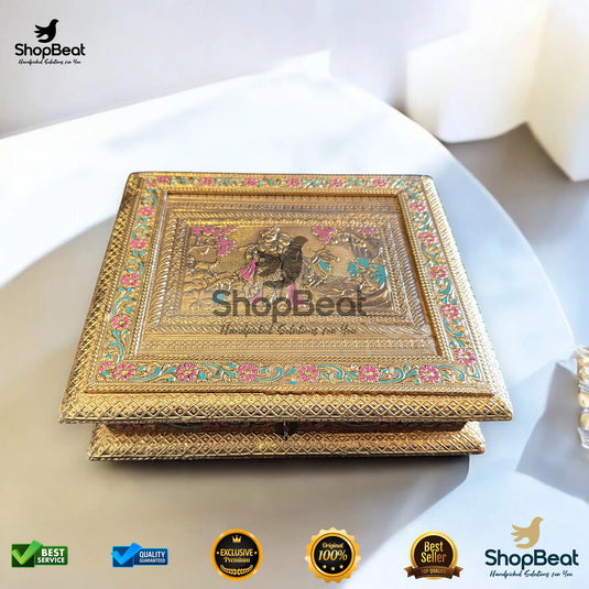 Golden Oxidised Dry Fruit Box – Meenakari Radhe Krishna Design (9x8 Inch)