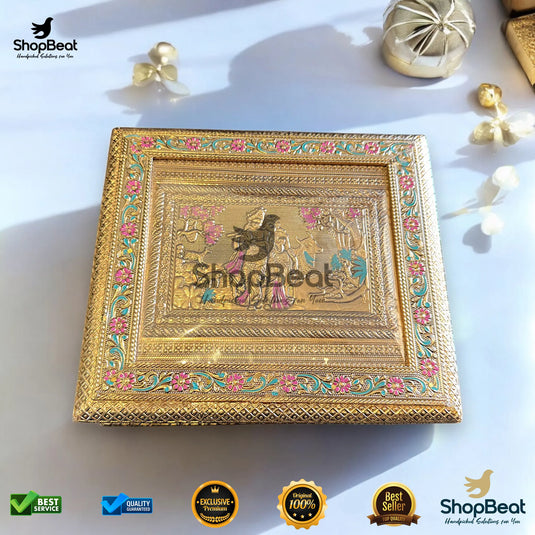 Golden Oxidised Dry Fruit Box – Meenakari Radhe Krishna Design (9x8 Inch)