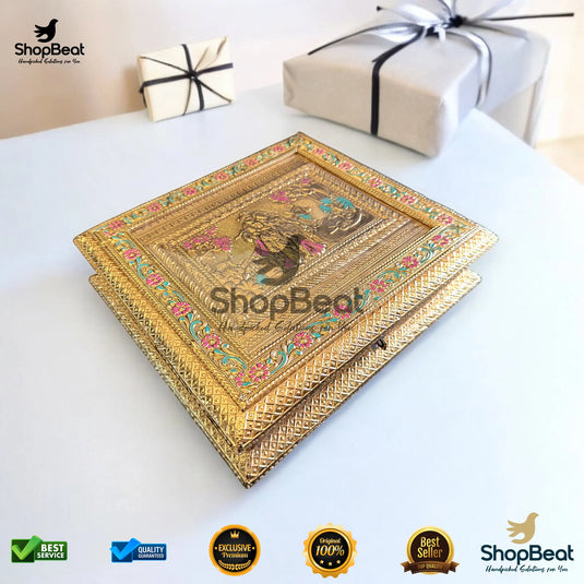 Golden Oxidised Dry Fruit Box – Meenakari Radhe Krishna Design (9x8 Inch)