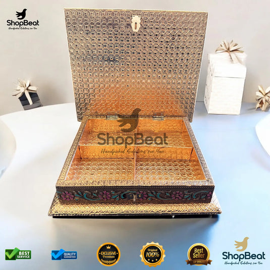Golden Oxidised Dry Fruit Box – Meenakari Radhe Krishna Design (9x8 Inch)