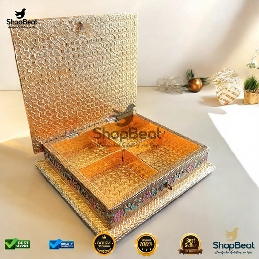 Golden Oxidised Dry Fruit Box – Meenakari Radhe Krishna Design (9x8 Inch)