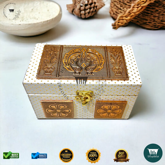 Premium Dry Fruit Box – White Rexine with 2 Glass Jars (7x4 Inch)