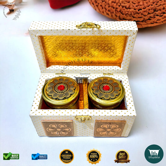 Premium Dry Fruit Box – White Rexine with 2 Glass Jars (7x4 Inch)