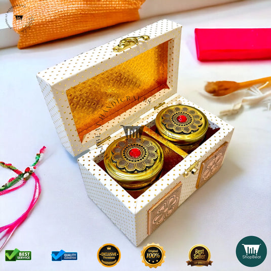 Premium Dry Fruit Box – White Rexine with 2 Glass Jars (7x4 Inch)