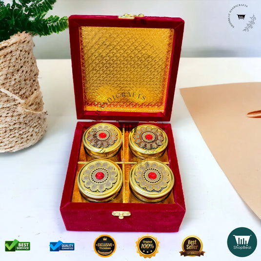 Premium Dry Fruit Box – Red Velvet with 4 Glass Jars (7x7 Inch)