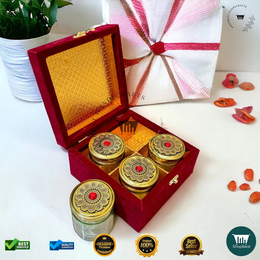 Premium Dry Fruit Box – Red Velvet with 4 Glass Jars (7x7 Inch)
