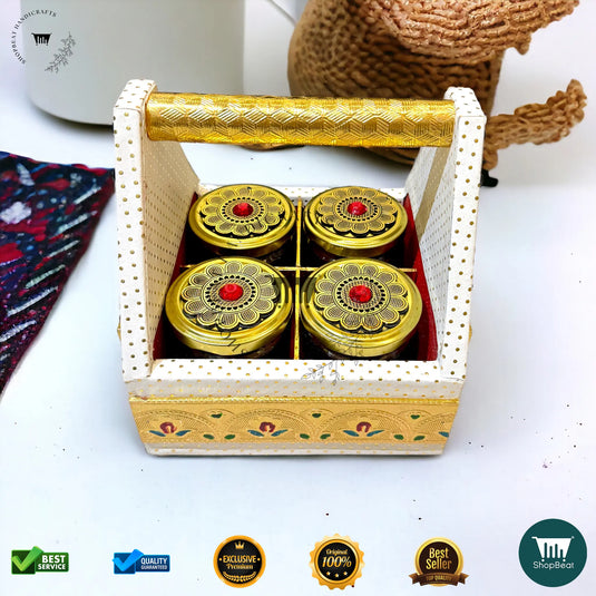 Premium Dry Fruit Tray Box – White Rexine with 4 Glass Jars (7x7 Inch)