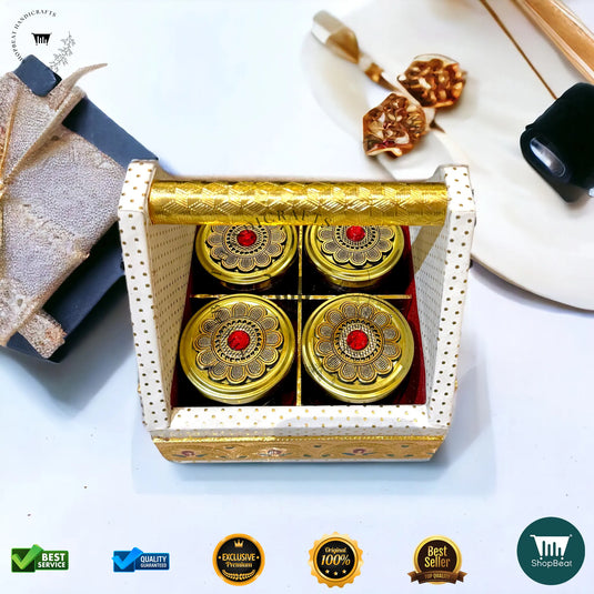 Premium Dry Fruit Tray Box – White Rexine with 4 Glass Jars (7x7 Inch)