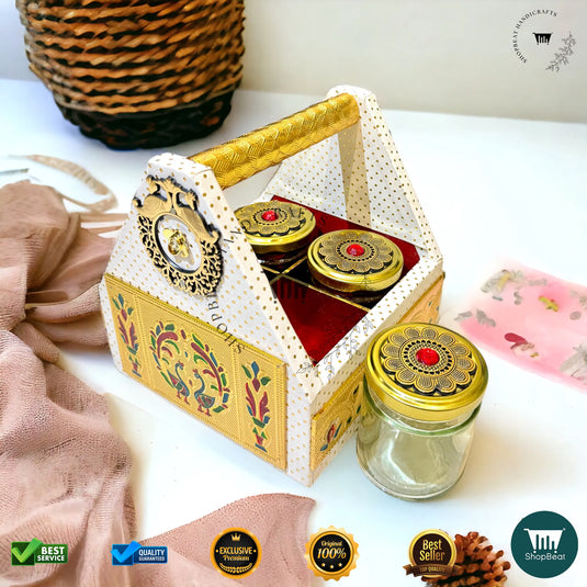 Premium Dry Fruit Tray Box – White Rexine with 4 Glass Jars (7x7 Inch)