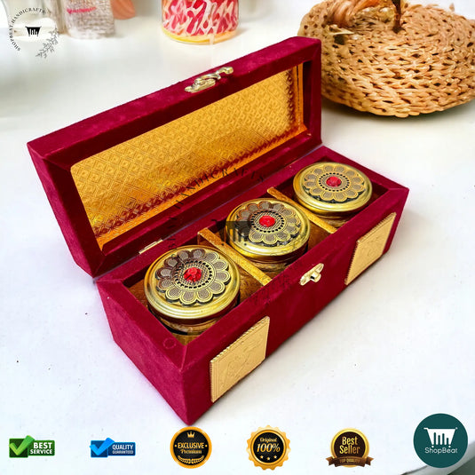 Premium Dry Fruit Box – Red Velvet with 3 Glass Jars (10x4 Inch)