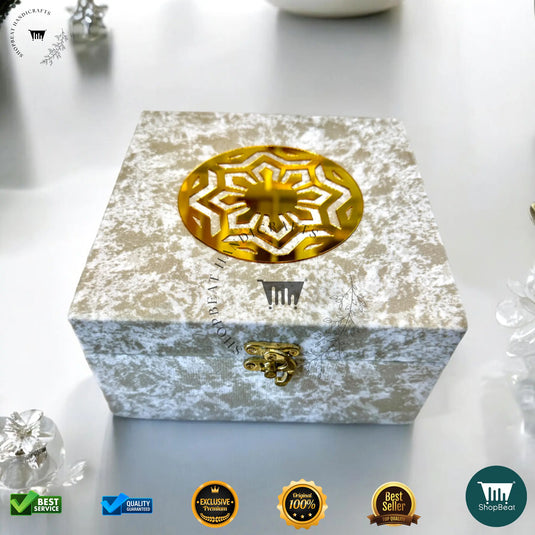 Premium Dry Fruit Box – White Velvet with 4 Glass Jars (7x7 Inch)