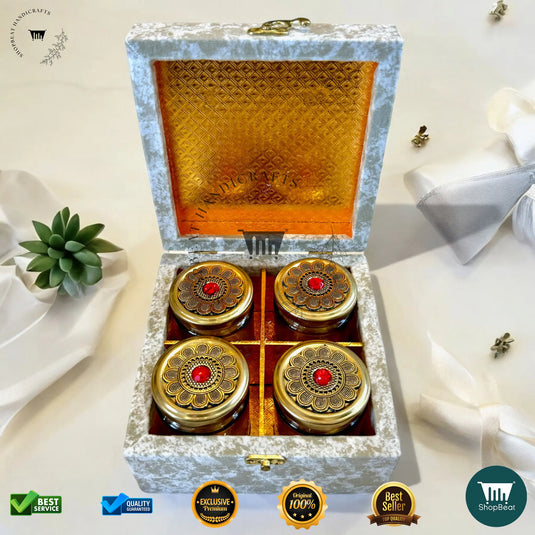Premium Dry Fruit Box – White Velvet with 4 Glass Jars (7x7 Inch)
