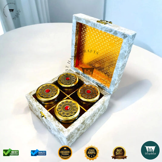 Premium Dry Fruit Box – White Velvet with 4 Glass Jars (7x7 Inch)