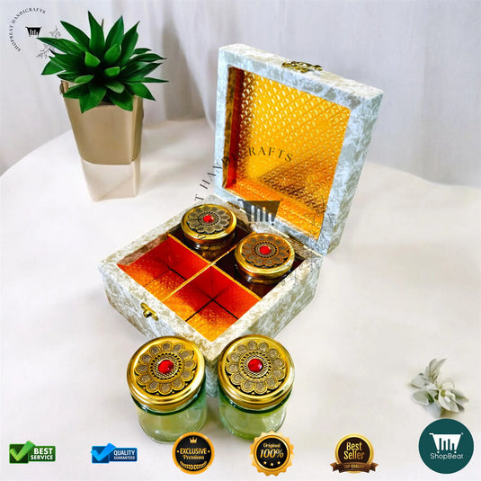 Premium Dry Fruit Box – White Velvet with 4 Glass Jars (7x7 Inch)