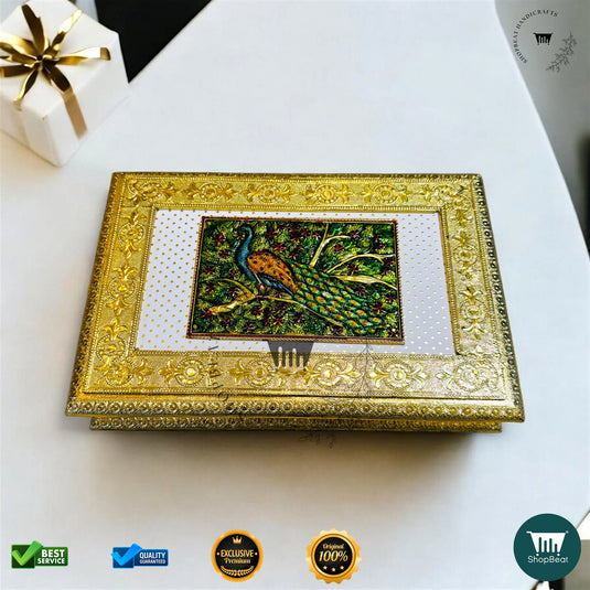 Golden Oxidised Dry Fruit Box – Meenakari Peacock Design (12x8 Inch)