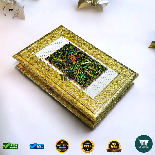 Golden Oxidised Dry Fruit Box – Meenakari Peacock Design (12x8 Inch)