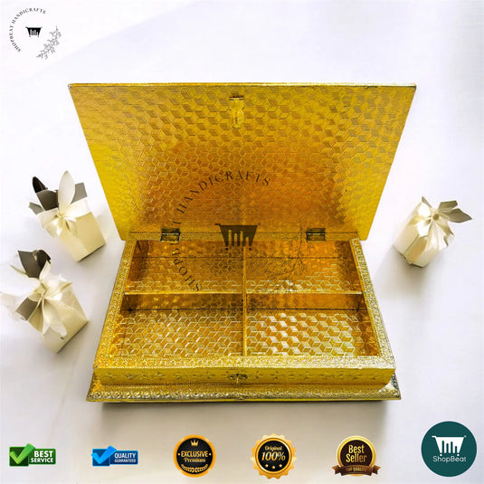 Golden Oxidised Dry Fruit Box – Meenakari Peacock Design (12x8 Inch)