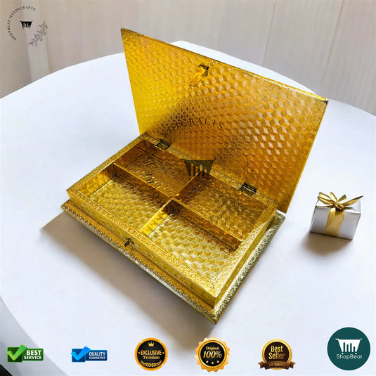 Golden Oxidised Dry Fruit Box – Meenakari Peacock Design (12x8 Inch)