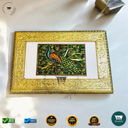 Golden Oxidised Dry Fruit Box – Meenakari Peacock Design (12x8 Inch)