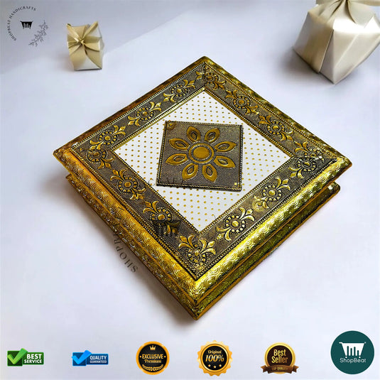 Golden Oxidised Dry Fruit Box – White Rexine Decorative (8x8 Inch)