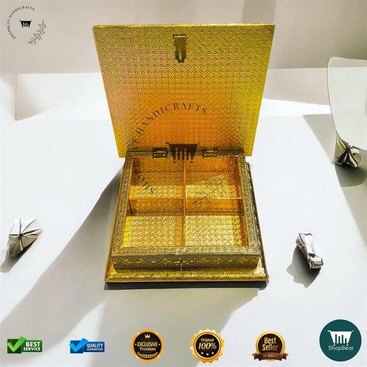 Golden Oxidised Dry Fruit Box – White Rexine Decorative (8x8 Inch)